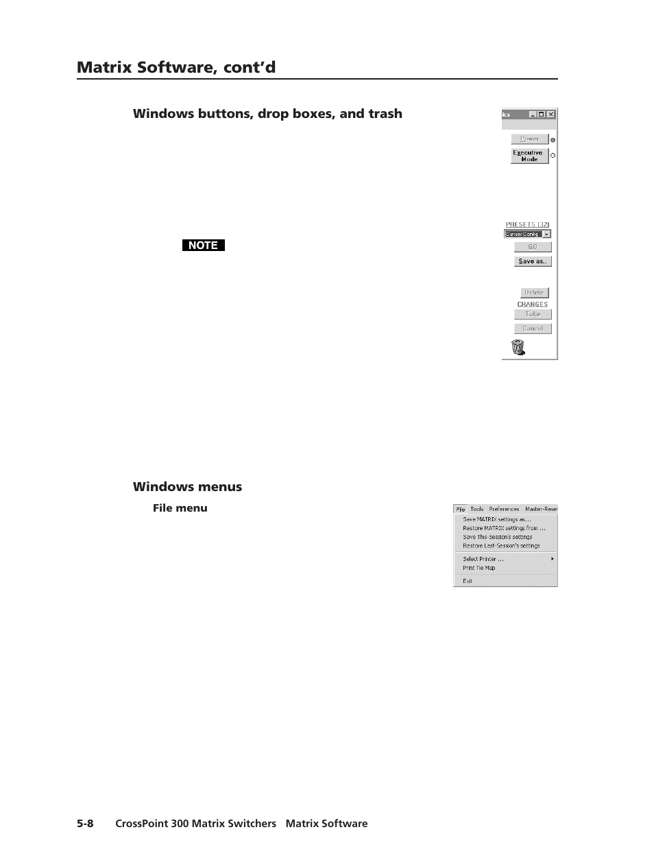 Windows buttons, drop boxes, and trash, Windows menus, File menu | Matrix software, cont’d | Extron Electronics CrossPoint 300 Series User Manual | Page 90 / 104