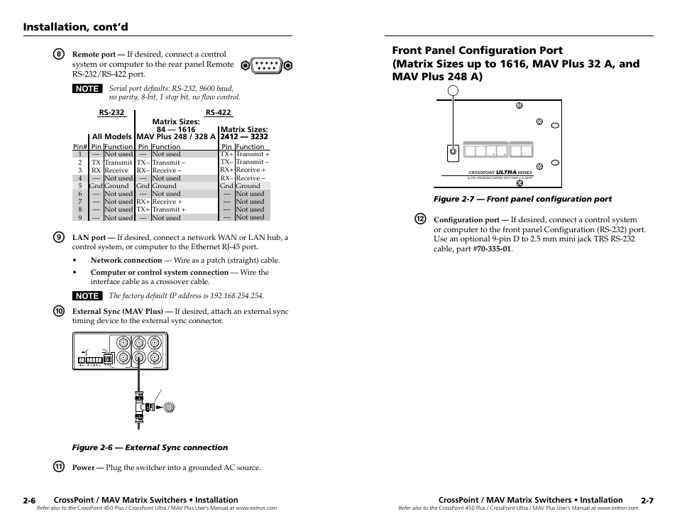 Front panel configuration port, Matrix sizes up to 1616, Installation, cont’d | Extron Electronics MAV Plus Series Setup Guide User Manual | Page 10 / 22