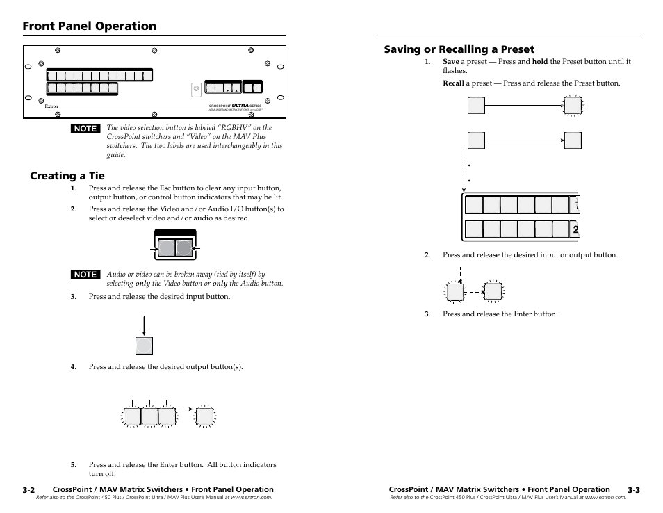 Creating a tie, Saving or recalling a preset, Chapter three • front panel operation | Front panel operation | Extron Electronics MAV Plus Series Setup Guide User Manual | Page 12 / 22