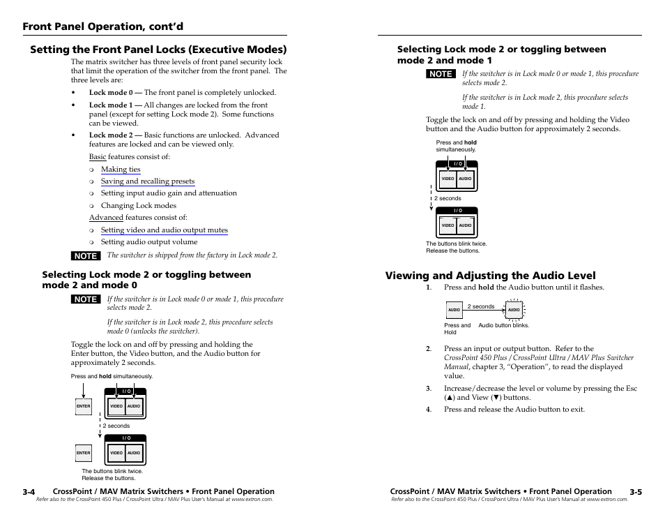 Setting the front panel locks (executive modes), Viewing and adjusting the audio level, Saving or recalling a preset | Front panel operation, cont’d | Extron Electronics MAV Plus Series Setup Guide User Manual | Page 13 / 22