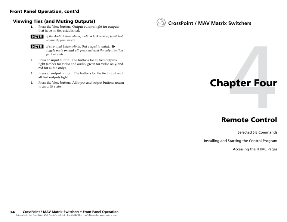 Viewing ties (and muting outputs), Chapter 4 • remote control, Viewing and adjusting the audio level | Chapter four | Extron Electronics MAV Plus Series Setup Guide User Manual | Page 14 / 22