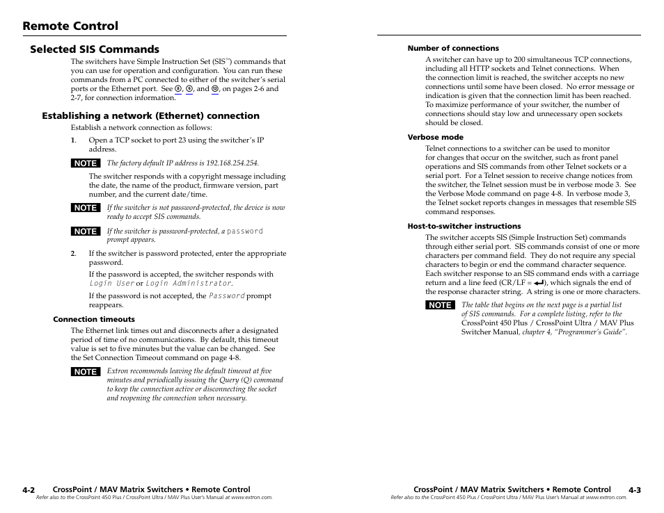 Selected sis commands, Establishing a network (ethernet) connection, Connection timeouts | Number of connections, Verbose mode, Host-to-switcher instructions, Chapter four • remote control, Establishing a network (ethernet) connection -2, Remote control | Extron Electronics MAV Plus Series Setup Guide User Manual | Page 15 / 22