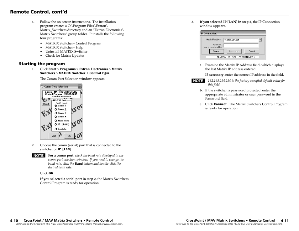 Starting the program, Starting the program -10, Remote control, cont’d | Extron Electronics MAV Plus Series Setup Guide User Manual | Page 20 / 22