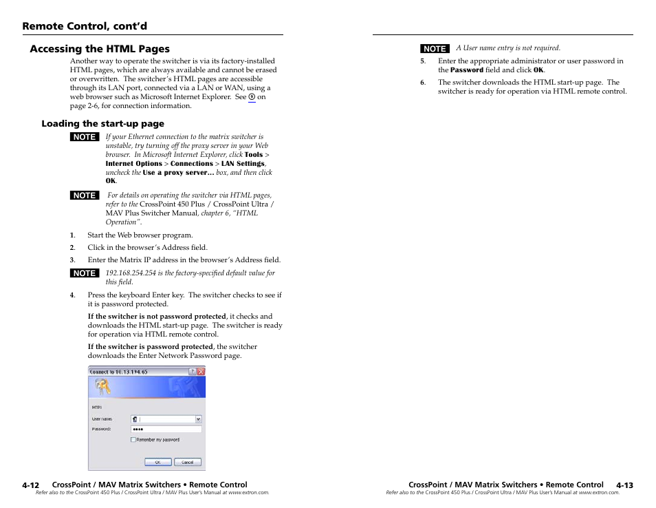 Remote control, cont’d, Accessing the html pages | Extron Electronics MAV Plus Series Setup Guide User Manual | Page 21 / 22