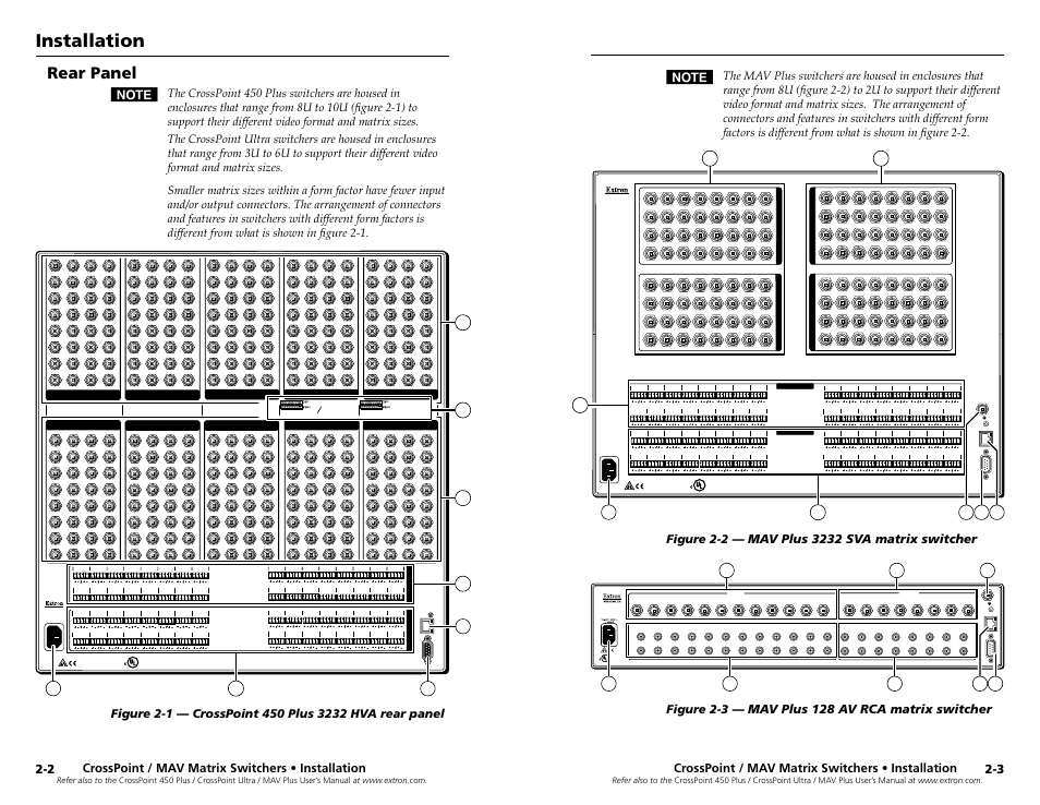 Rear panel, Installation, Crosspoint / mav matrix switchers • installation | Red green blue sync v sync | Extron Electronics MAV Plus Series Setup Guide User Manual | Page 8 / 22
