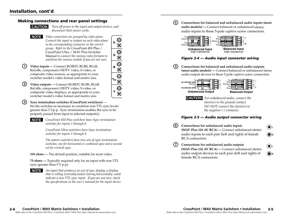 Making connections and rear panel settings, Making connections and rear panel settings -4, Installation, cont’d | Extron Electronics MAV Plus Series Setup Guide User Manual | Page 9 / 22
