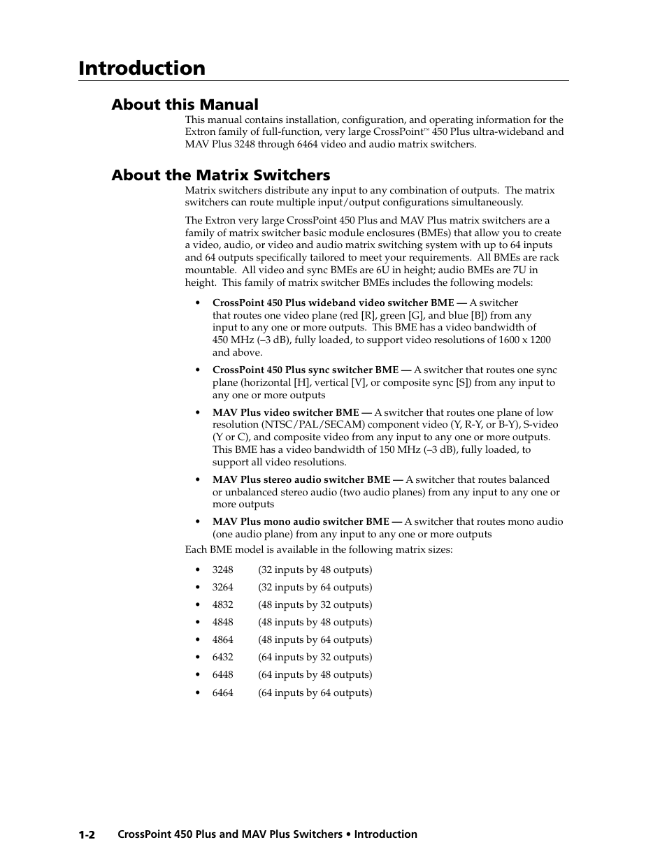 About this manual, About the matrix switchers, Introduction | Extron Electronics MAV Plus series Large Scale User Guide User Manual | Page 12 / 186