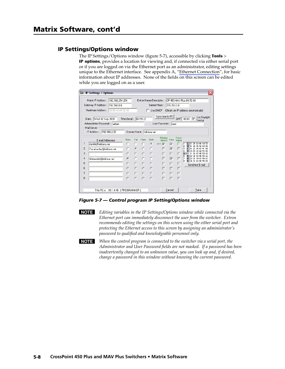 Ip settings/options window, Ip.settings/options.window -8, Matrix software, cont’d | Extron Electronics MAV Plus series Large Scale User Guide User Manual | Page 120 / 186