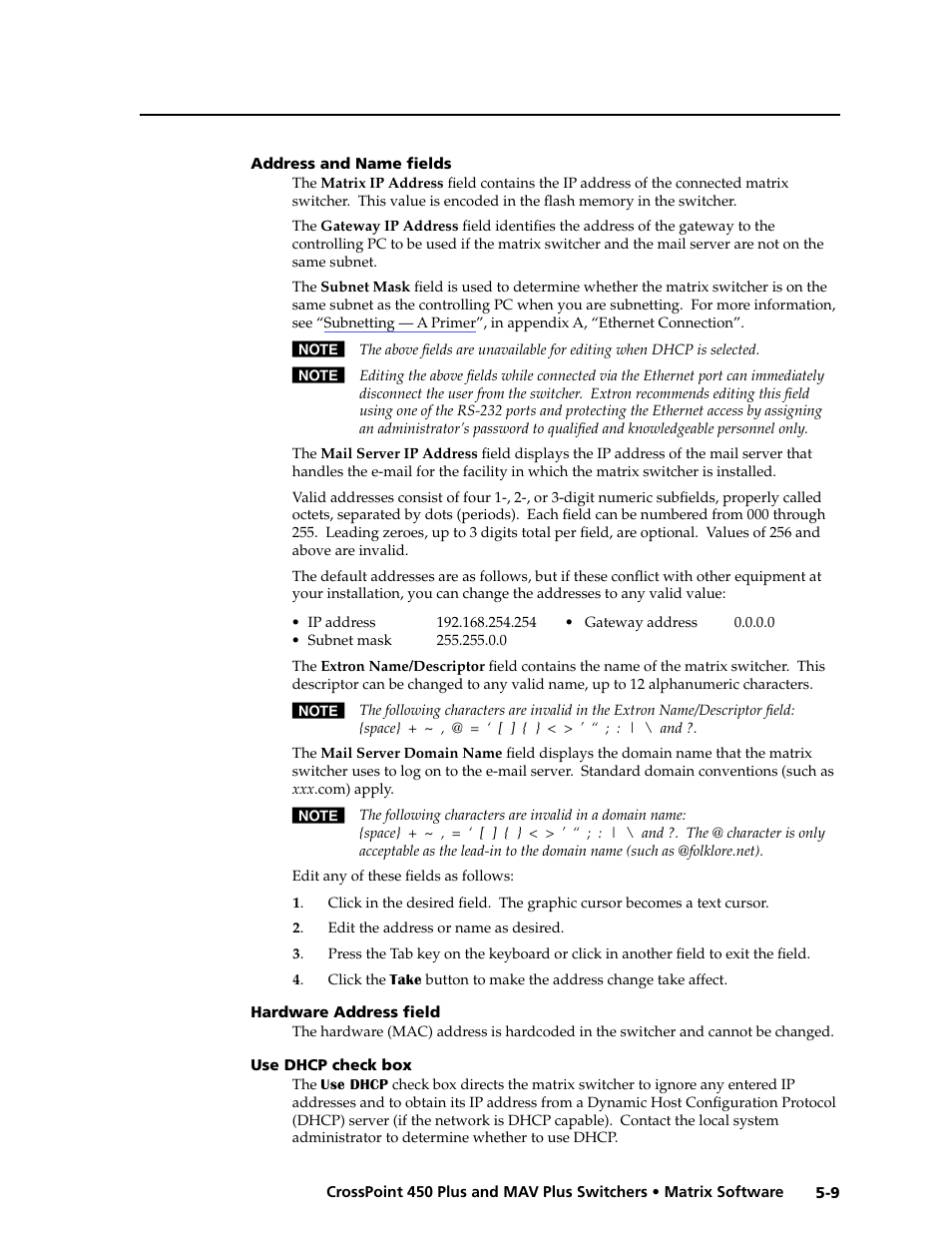 Address and name fields, Hardware address field, Use dhcp checkbox | Extron Electronics MAV Plus series Large Scale User Guide User Manual | Page 121 / 186