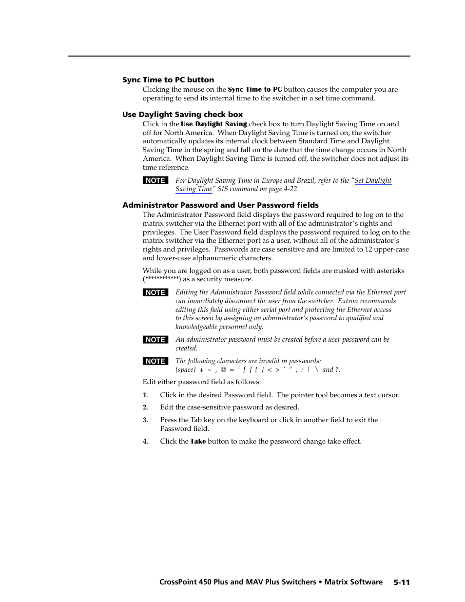 Sync time to pc button, Use daylight saving checkbox, Administrator password and user password fields | Extron Electronics MAV Plus series Large Scale User Guide User Manual | Page 123 / 186