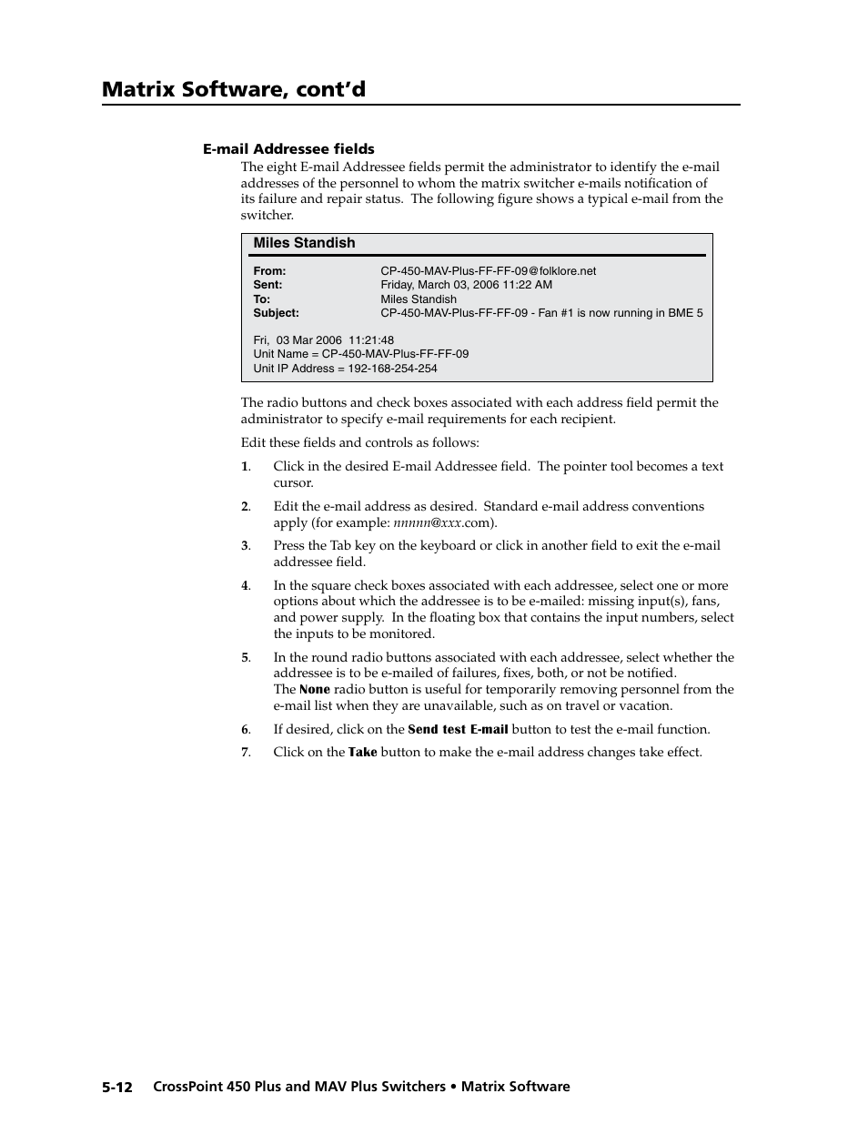 E-mail addressee fields, Updating firmware, E-mail.addressee.fields -12 | Updating.firmware -13, Matrix software, cont’d | Extron Electronics MAV Plus series Large Scale User Guide User Manual | Page 124 / 186
