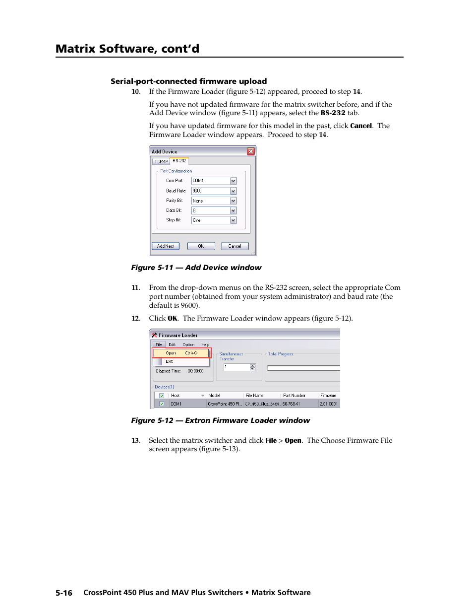 Serial-port-connected firmware upload, Serial-port-connected.firmware.upload -16, Serial | Port-connected firmware upload, Matrix software, cont’d | Extron Electronics MAV Plus series Large Scale User Guide User Manual | Page 128 / 186