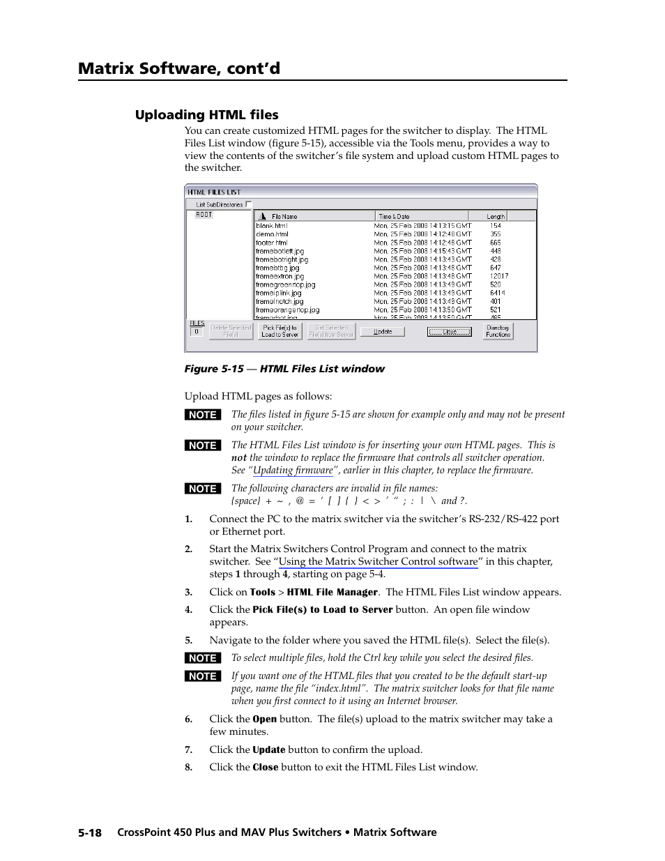 Uploading html files, Uploading.html.files -18, Matrix software, cont’d | Extron Electronics MAV Plus series Large Scale User Guide User Manual | Page 130 / 186
