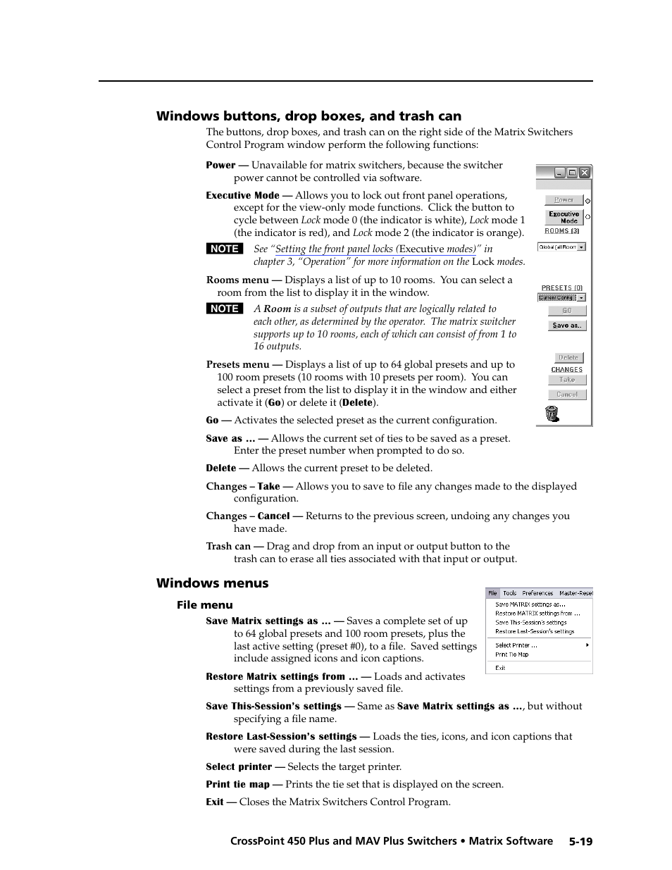 Windows buttons, drop boxes, and trash can, Windows menus, File menu | File.menu -19 | Extron Electronics MAV Plus series Large Scale User Guide User Manual | Page 131 / 186