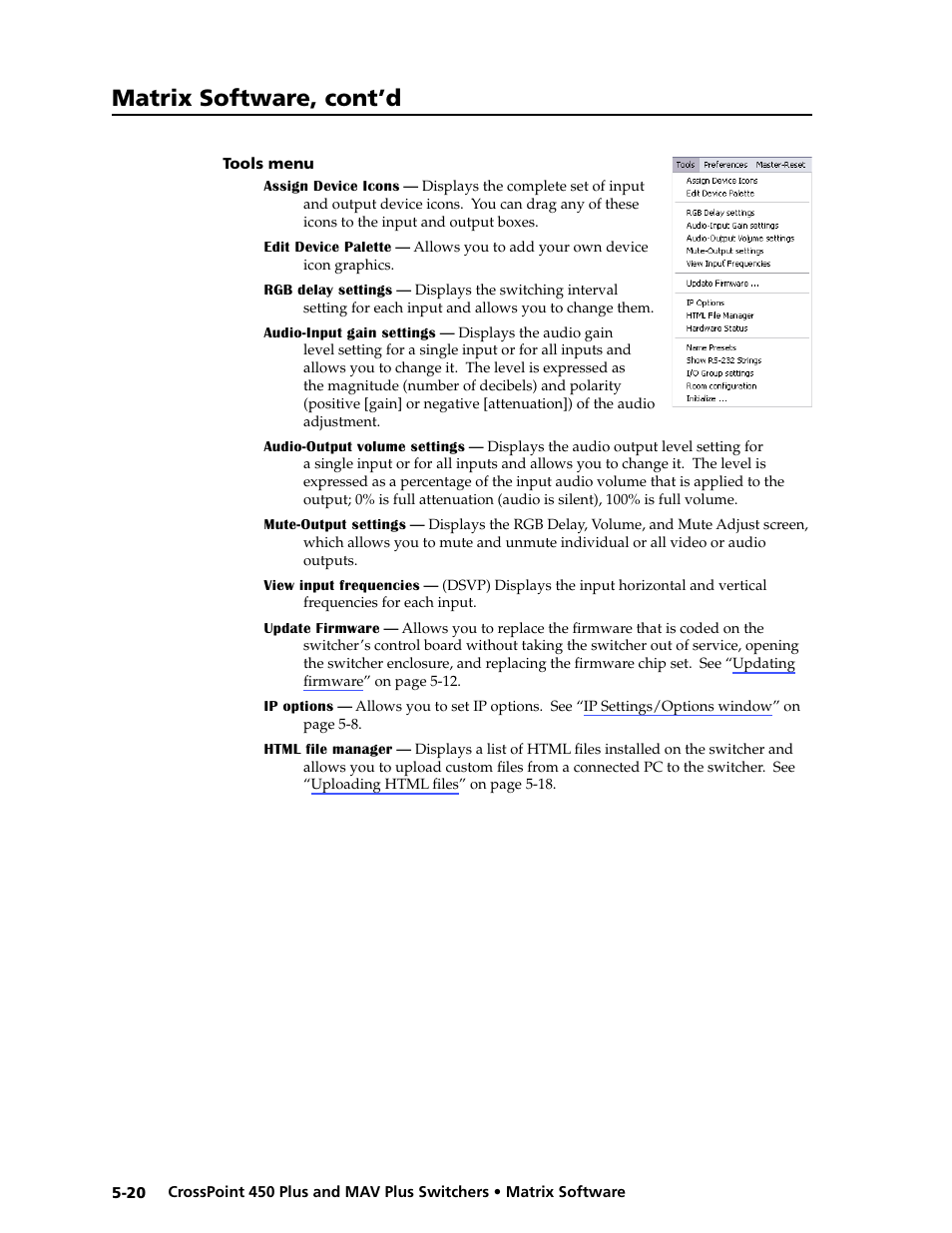 Tools menu, Tools.menu -20, Chapter 5, "matrix software | E", and chapter 6, "html, E”, and chapter 6, Matrix software, cont’d | Extron Electronics MAV Plus series Large Scale User Guide User Manual | Page 132 / 186
