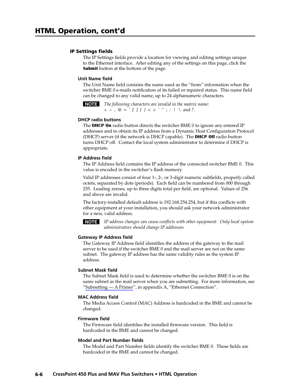 Ip settings fields, Unit name field, Dhcp radio buttons | Ip address field, Gateway ip address field, Subnet mask field, Mac address field, Firmware field, Model and part number fields, Ip.settings.fields -6 | Extron Electronics MAV Plus series Large Scale User Guide User Manual | Page 144 / 186
