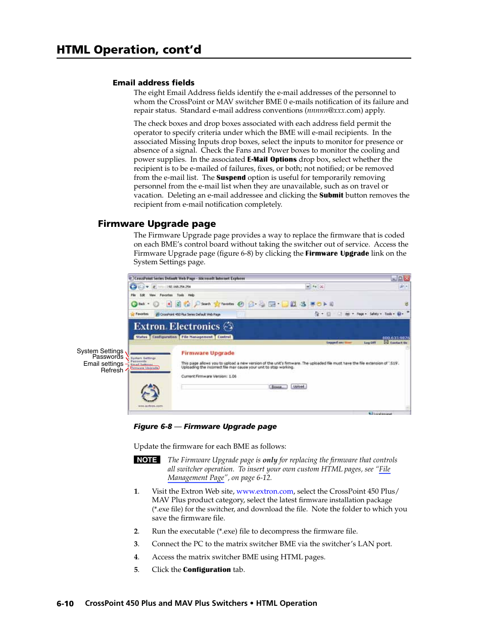 Email address fields, Email.address.fields -10, Html operation, cont’d | Firmware upgrade page | Extron Electronics MAV Plus series Large Scale User Guide User Manual | Page 148 / 186