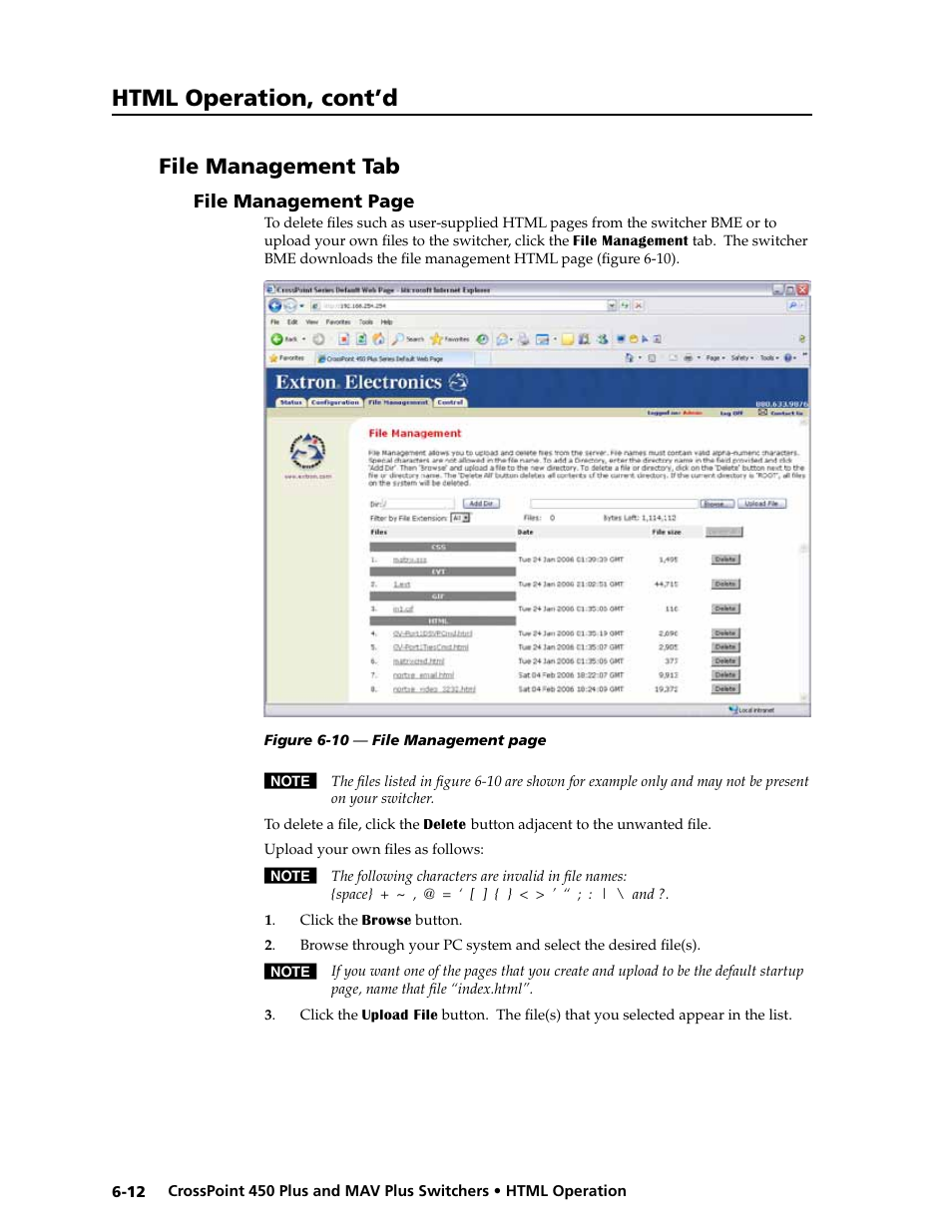 File management tab, Html operation, cont’d | Extron Electronics MAV Plus series Large Scale User Guide User Manual | Page 150 / 186