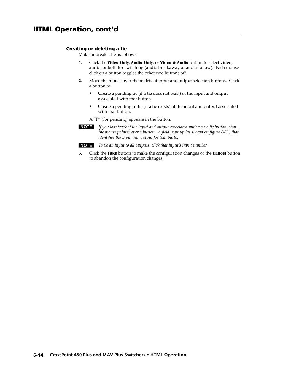 Creating or deleting a tie, Creating.or.deleting.a.tie -14, Html operation, cont’d | Extron Electronics MAV Plus series Large Scale User Guide User Manual | Page 152 / 186