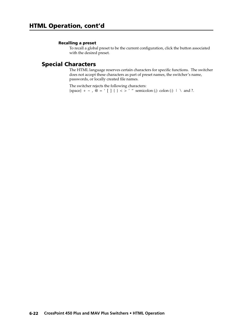 Recalling a preset, Special characters, Recalling.a.preset -22 | Html operation, cont’d | Extron Electronics MAV Plus series Large Scale User Guide User Manual | Page 160 / 186