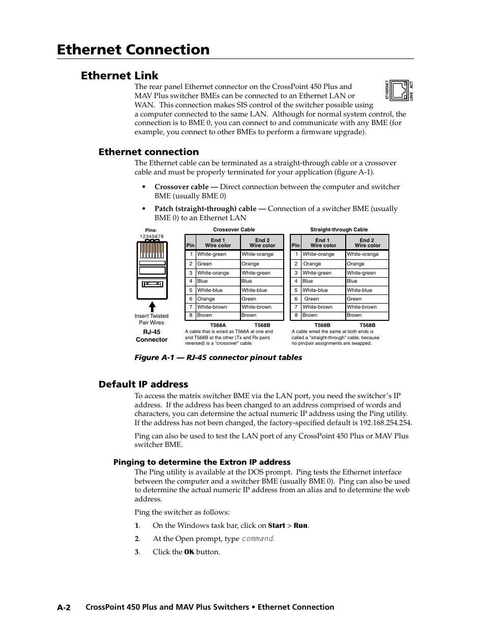 Ethernet link, Ethernet connection, Default ip address | Pinging to determine extron ip address, A, “ethernet connection, A, “ethernet, Connection | Extron Electronics MAV Plus series Large Scale User Guide User Manual | Page 162 / 186
