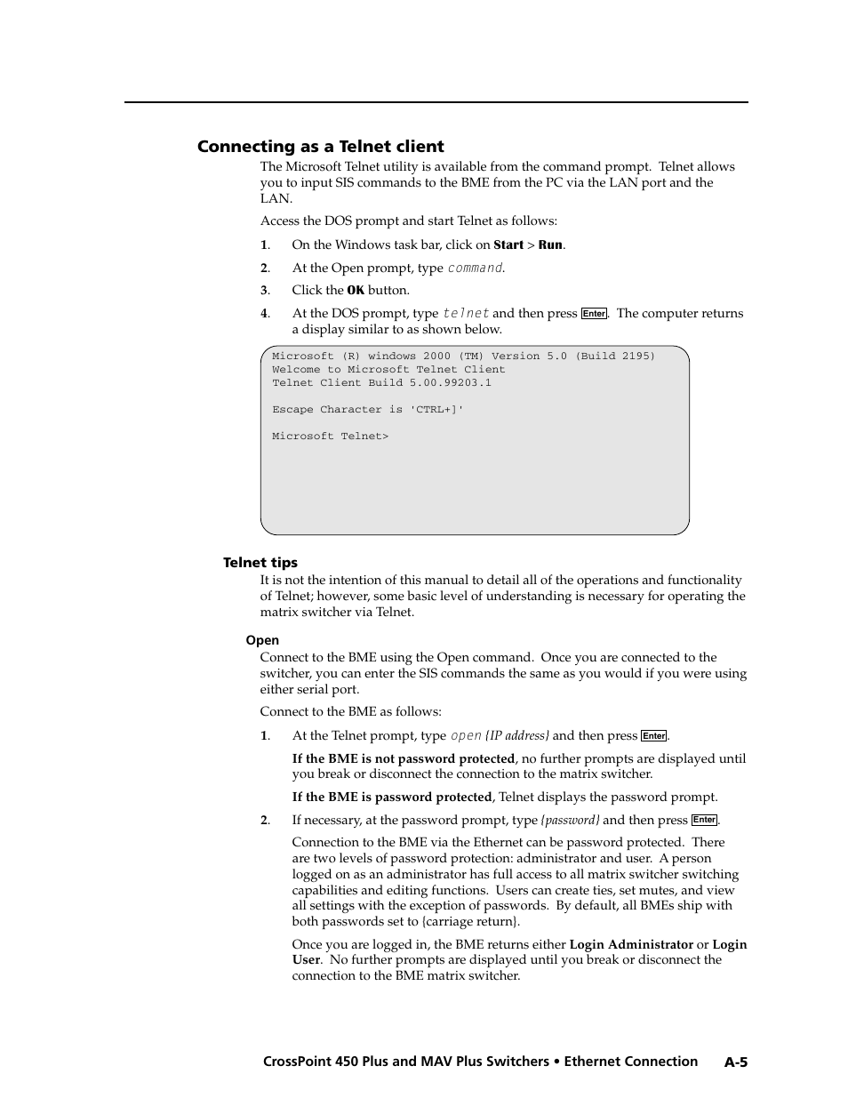 Connecting as a telnet client, Telnet tips, Open | Extron Electronics MAV Plus series Large Scale User Guide User Manual | Page 165 / 186