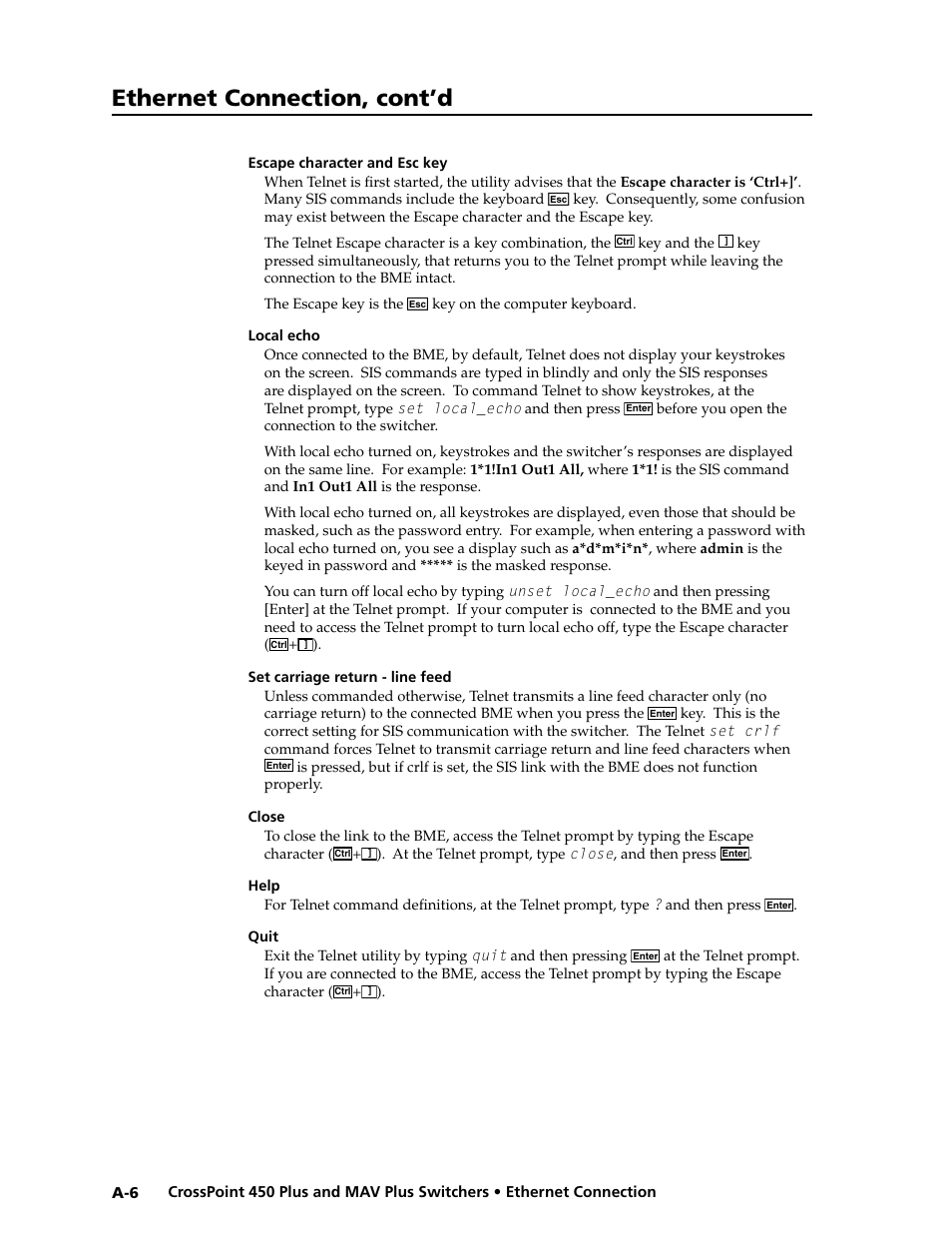Escape character and esc key, Local echo, Set carriage return-line feed | Close, Help, Quit, Ethernet connection, cont’d | Extron Electronics MAV Plus series Large Scale User Guide User Manual | Page 166 / 186