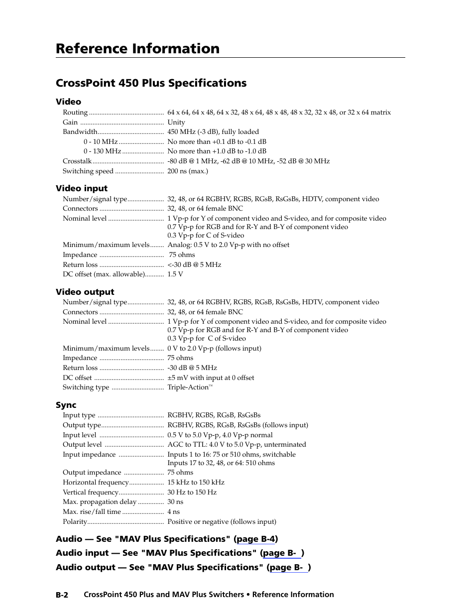 Crosspoint 450 plus specifications, V plus specifications, Reference information | Extron Electronics MAV Plus series Large Scale User Guide User Manual | Page 170 / 186