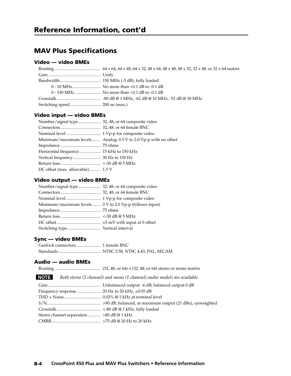 Reference information, cont’d, Mav plus specifications | Extron Electronics MAV Plus series Large Scale User Guide User Manual | Page 172 / 186