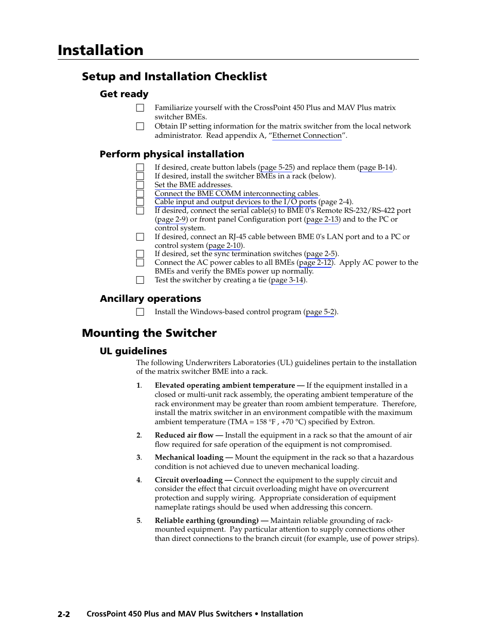 Setup/installation checklist, Get ready, Perform physical installation | Ancillary operations, Mounting the switcher, Ul guidelines, Setup and installation checklist, Ul.guidelines -2, Installation | Extron Electronics MAV Plus series Large Scale User Guide User Manual | Page 20 / 186