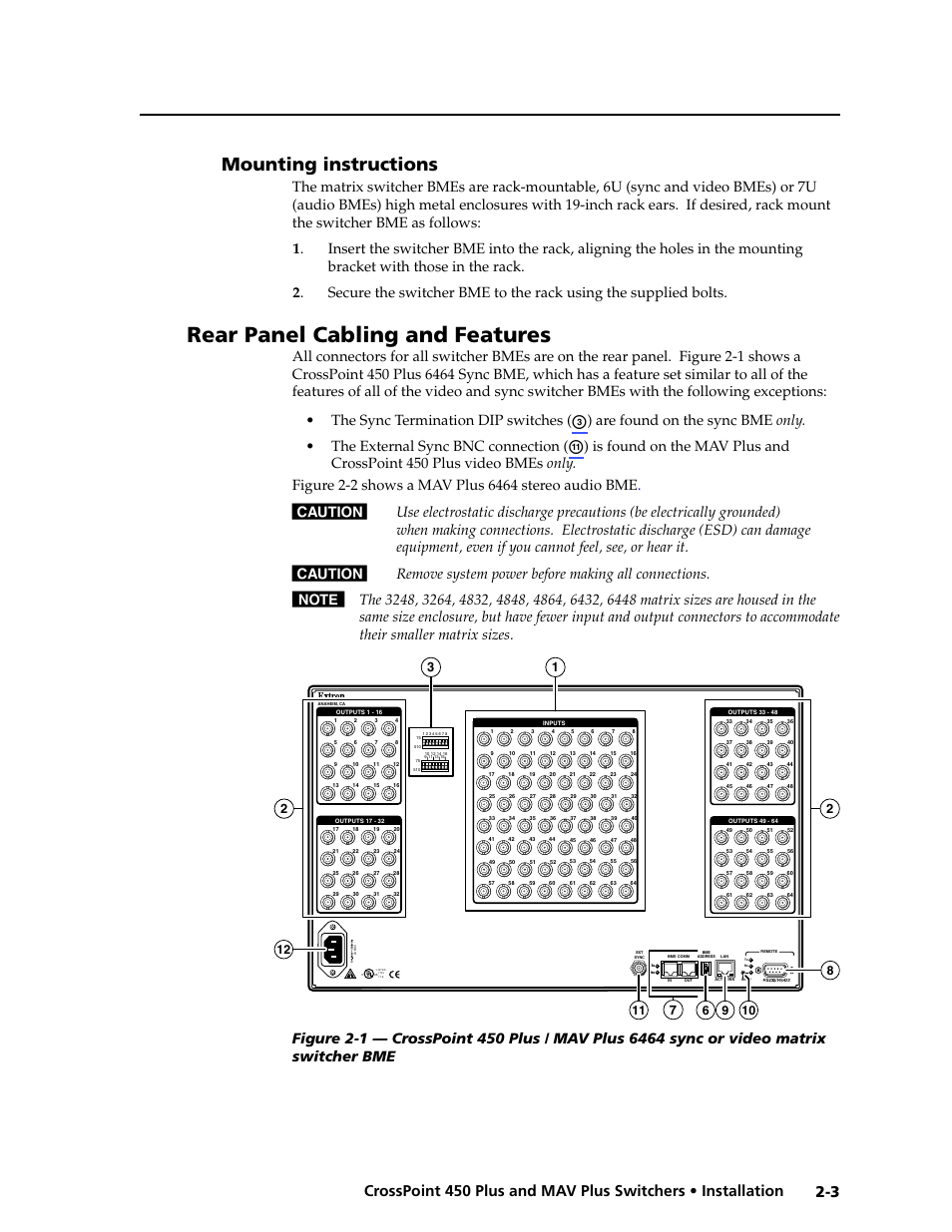 Mounting instructions, Rear panel views, Mounting.instructions -3 | Rear panel cabling and features | Extron Electronics MAV Plus series Large Scale User Guide User Manual | Page 21 / 186