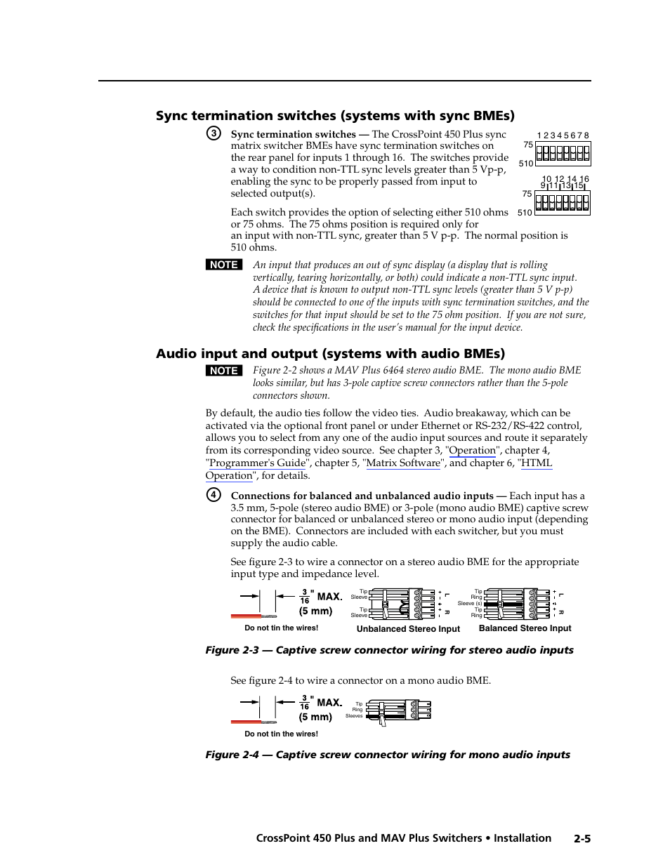 Sync termination switches (systems with sync bmes), Audio input and output (systems with audio bmes) | Extron Electronics MAV Plus series Large Scale User Guide User Manual | Page 23 / 186