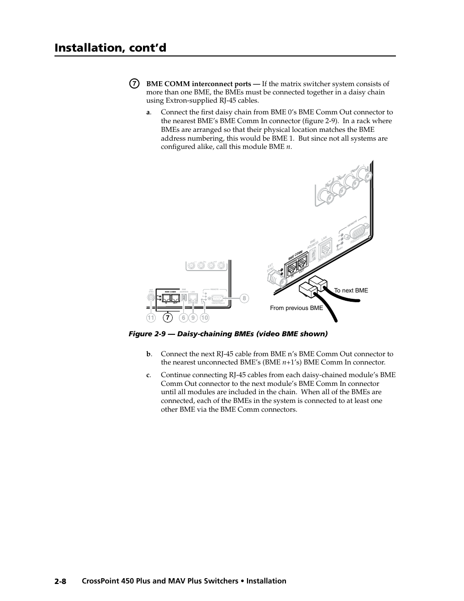 Connect the bme comm interconnecting cables, Installation, cont’d | Extron Electronics MAV Plus series Large Scale User Guide User Manual | Page 26 / 186