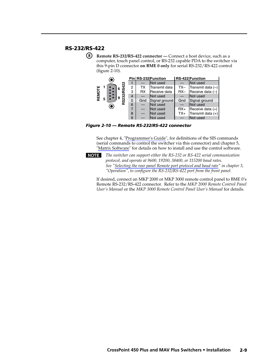 Rs-232/rs-422, Rs-232/rs-422 -9 | Extron Electronics MAV Plus series Large Scale User Guide User Manual | Page 27 / 186