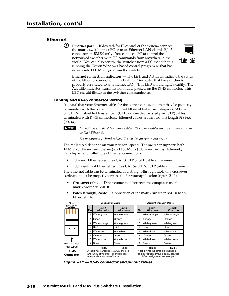 Ethernet, Cabling and rj-45 connector wiring, Ethernet -10 | Cabling.and.rj-45.connector.wiring -10, Installation, cont’d | Extron Electronics MAV Plus series Large Scale User Guide User Manual | Page 28 / 186