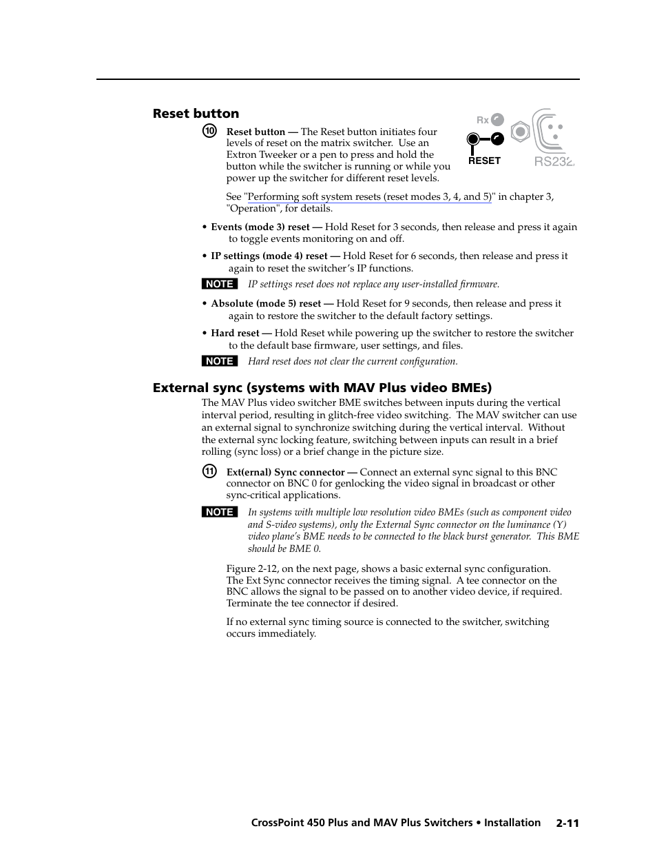 Reset button, External sync (systems with mav plus video bmes) | Extron Electronics MAV Plus series Large Scale User Guide User Manual | Page 29 / 186