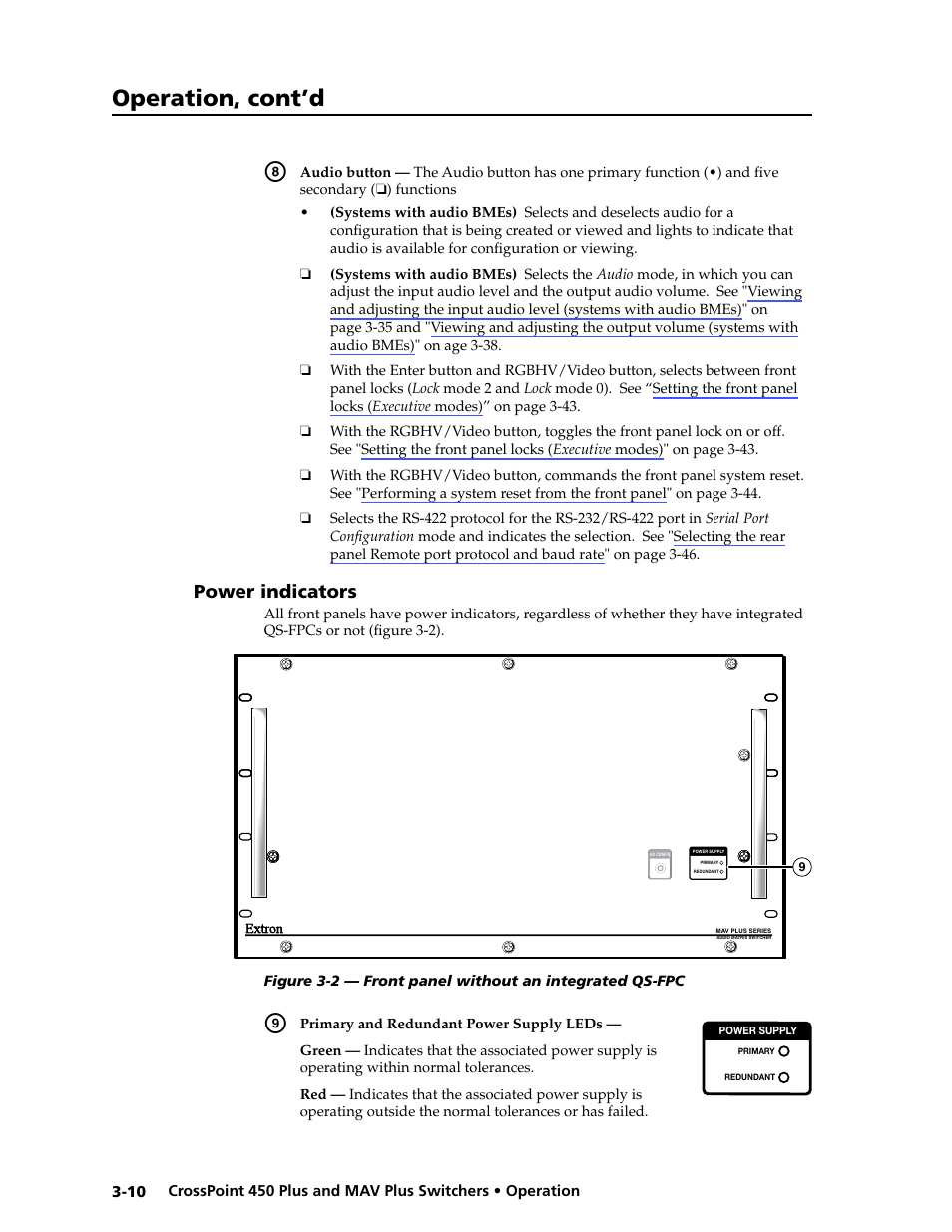 Power indicators, Power.indicators -10, Operation, cont’d | Extron Electronics MAV Plus series Large Scale User Guide User Manual | Page 42 / 186