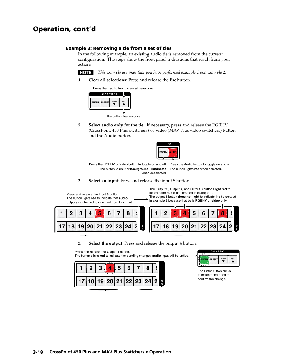 Example 3: removing a tie from a set of ties, Example.3:.removing.a.tie.from.a.set.of.ties -18, Operation | Operation, cont’d | Extron Electronics MAV Plus series Large Scale User Guide User Manual | Page 50 / 186