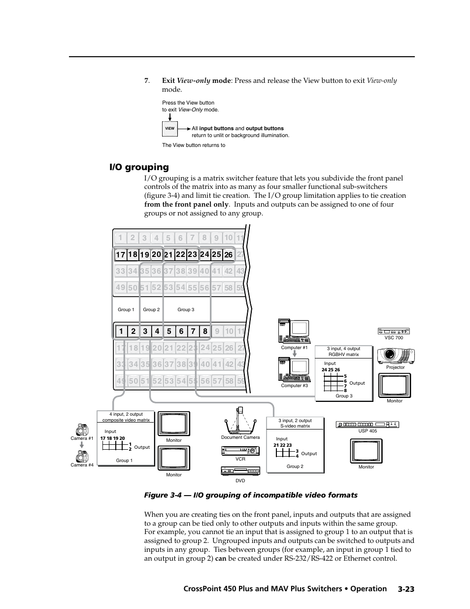 I/o grouping, I/o.grouping -23, Mode. see "i/o | Grouping, Indicate its assignment. see “i/o grouping, Creating i/o groups | Extron Electronics MAV Plus series Large Scale User Guide User Manual | Page 55 / 186