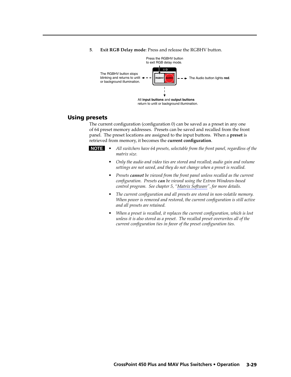 Using presets, Using.presets -29, Presets | Saving and recalling presets | Extron Electronics MAV Plus series Large Scale User Guide User Manual | Page 61 / 186