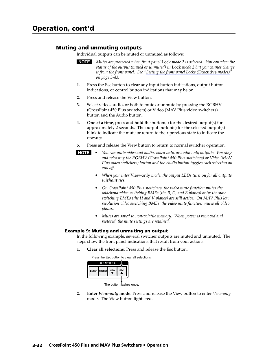 Muting and unmuting video and audio outputs, Example 9: muting and unmuting an output, Muting.and.unmuting.outputs -32 | Example.9:.muting.and.unmuting.an.output -32, Mutes, Muting and unmuting outputs, Operation, cont’d | Extron Electronics MAV Plus series Large Scale User Guide User Manual | Page 64 / 186