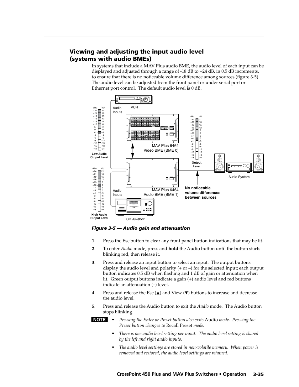 Operation, Input audio, Level | Bmes), Input level, Audio bmes), Audio, Viewing and adjusting the input audio level, Enter preset view esc audio video, And view | Extron Electronics MAV Plus series Large Scale User Guide User Manual | Page 67 / 186