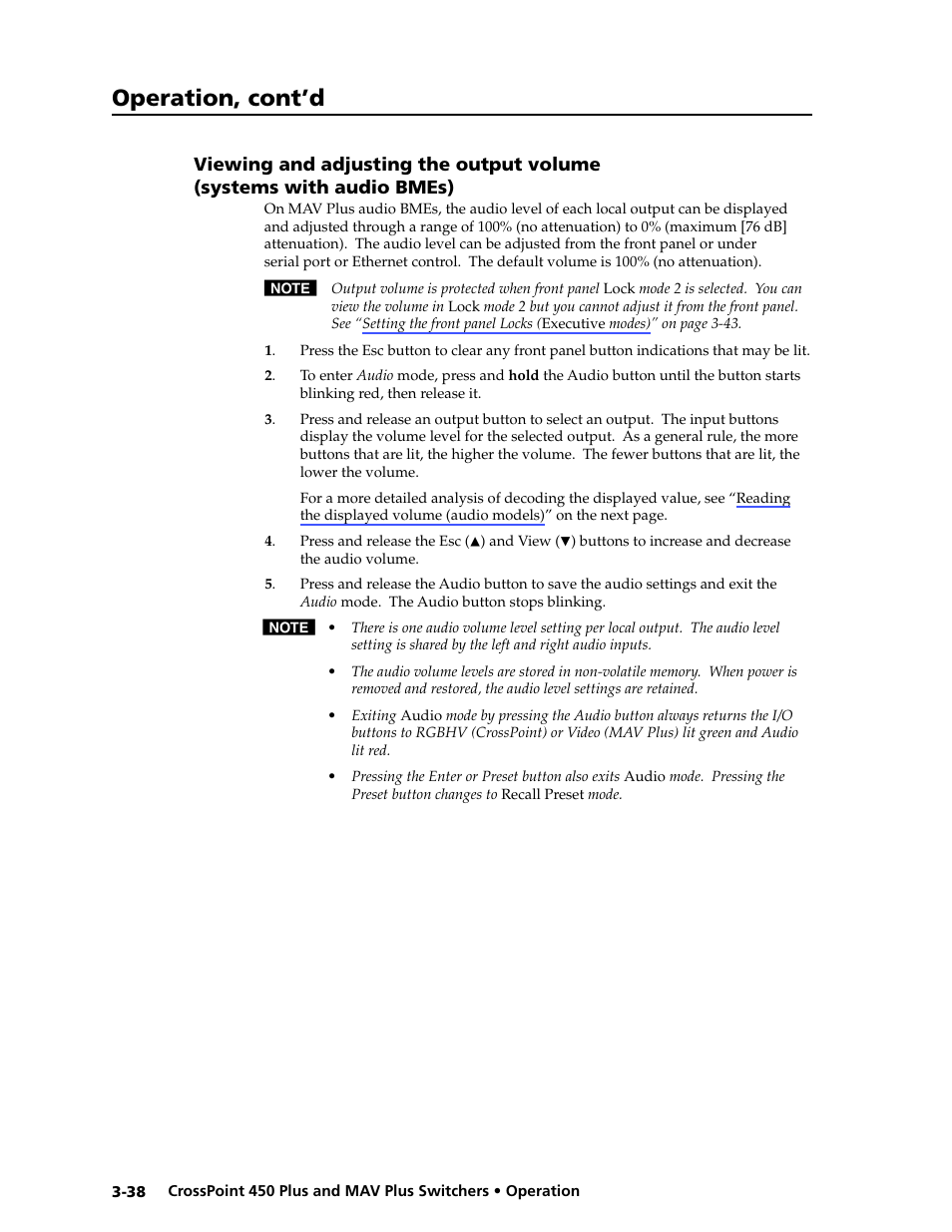 Ol. see chapter 3, "operation", chapter 4, Output audio, Volume | Output volume, Audio bmes), Bmes), Viewing and adjusting the output volume, Operation, cont’d | Extron Electronics MAV Plus series Large Scale User Guide User Manual | Page 70 / 186