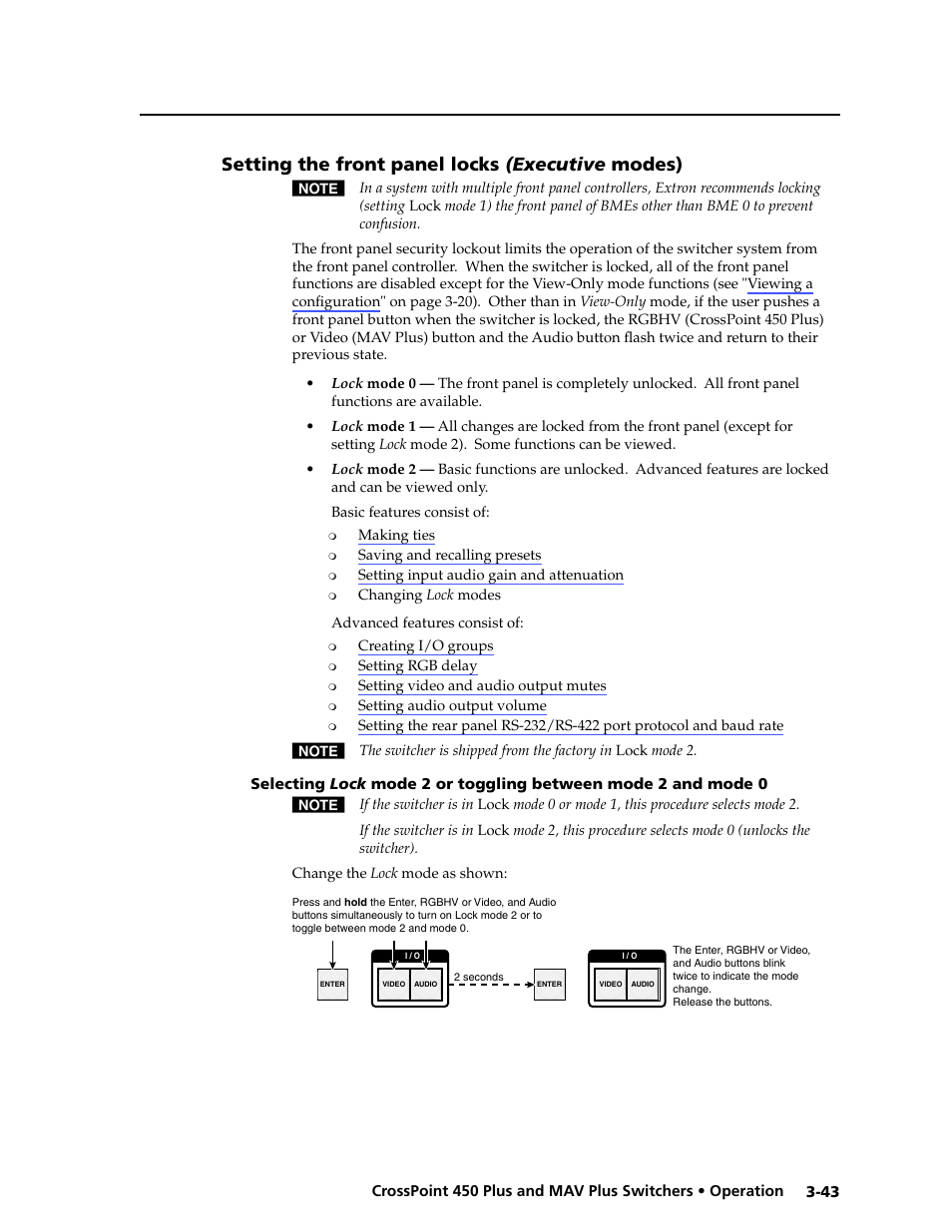 Setting the front panel locks (executive modes), Front panel, Locks | Setting the front panel locks ( executive modes), Selecting the rear panel remote, Port protocol and baud rate, Setting the front panel locks, Executive modes), F. see "setting, The front panel locks ( executive modes) | Extron Electronics MAV Plus series Large Scale User Guide User Manual | Page 75 / 186