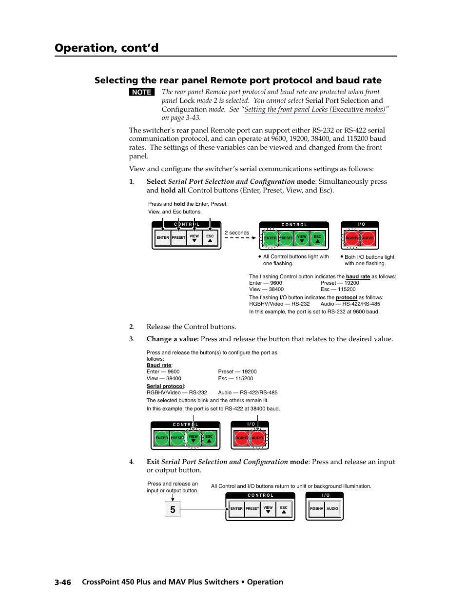 Port, Configuration, Port protocol and baud rate | Selecting the rear panel remote, Selecting the rear, Panel remote port protocol and baud rate, Operation, cont’d | Extron Electronics MAV Plus series Large Scale User Guide User Manual | Page 78 / 186