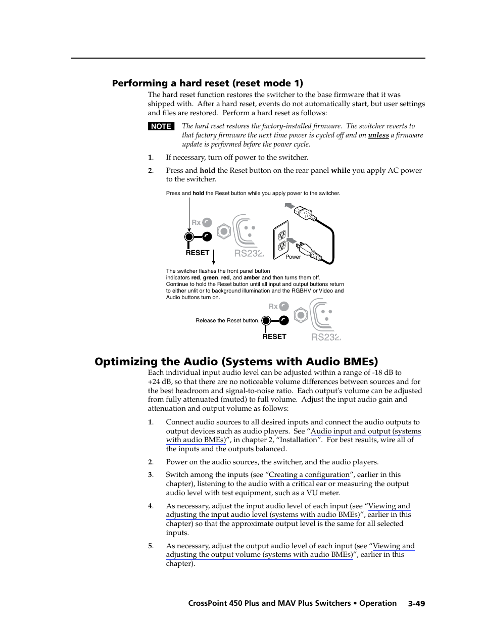 Performing a hard reset (reset 1), Optimizing the audio (systems with audio bmes), Performing.a.hard.reset.(reset.mode.1) -49 | Performing a hard reset (reset mode 1) | Extron Electronics MAV Plus series Large Scale User Guide User Manual | Page 81 / 186