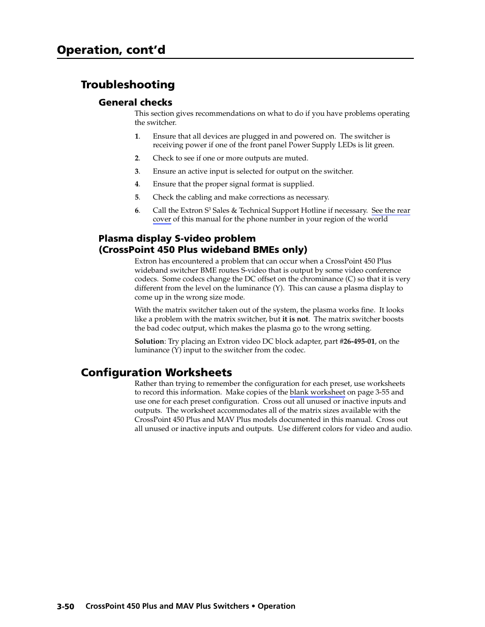 Troubleshooting, General checks, Configuration worksheets | Operation, cont’d | Extron Electronics MAV Plus series Large Scale User Guide User Manual | Page 82 / 186
