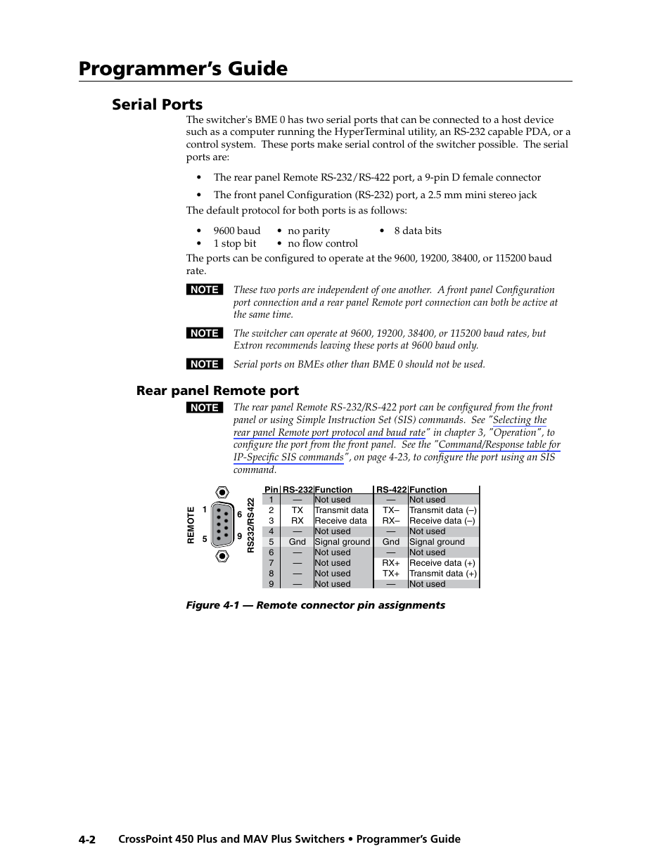 Serial ports, Rear panel remote port, Rear.panel.remote.port -2 | Programmer’s guide | Extron Electronics MAV Plus series Large Scale User Guide User Manual | Page 90 / 186