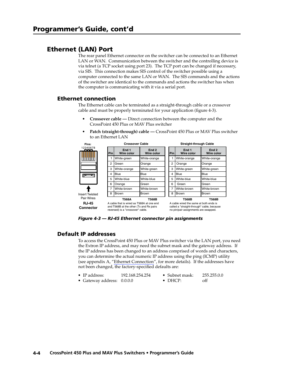 Ethernet (lan) port, Ethernet connection, Default ip addresses | Ethernet (lan) port, Ethernet.connection -4 default.ip.addresses -4, Programmer’s guide, cont’d | Extron Electronics MAV Plus series Large Scale User Guide User Manual | Page 92 / 186