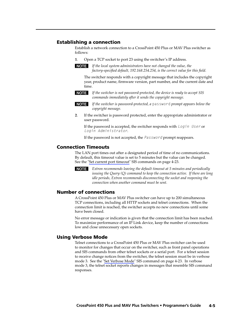 Establishing a connection, Connection timeouts, Number of connections | Using verbose mode | Extron Electronics MAV Plus series Large Scale User Guide User Manual | Page 93 / 186
